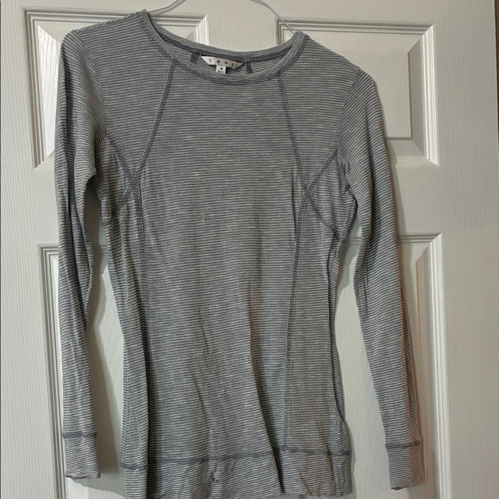 CAbi Gray and White Striped Top
